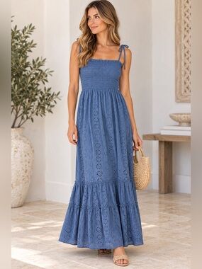 Blue Eyelet Smocked Maxi Dress XS 100% Cotton Boho Juniper Blu